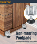 Heavy duty zinc plated steel furniture levelers with nylon feet and screws installed on wooden cabinet for stability