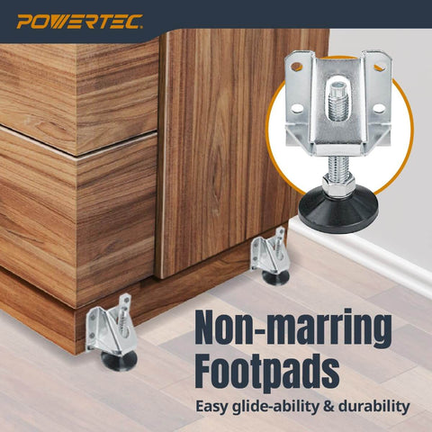Heavy duty zinc plated steel furniture levelers with nylon feet and screws installed on wooden cabinet for stability