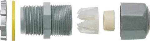 Exploded view of non-metallic cord grip parts from Three Quarter Inch Strain Relief Cord Connector 50 Pack Low Profile