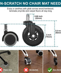 Caster wheel dimensions and compatibility with various floors, showing non-scratch, no mat needed for safe use on diverse surfaces.