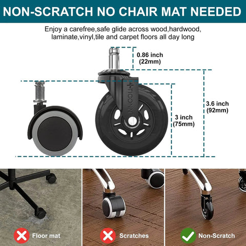 Caster wheel dimensions and compatibility with various floors, showing non-scratch, no mat needed for safe use on diverse surfaces.