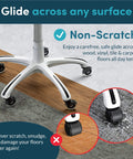 Office chair caster wheels on hard and carpeted surfaces demonstrating non-scratch glide feature.