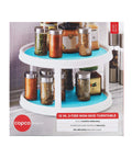 Non-Skid 2-Tier Turntable 12-Inch Lazy Susan Organizer with spices, smooth-glide rotation, nonskid liner, raised rim for easy access.