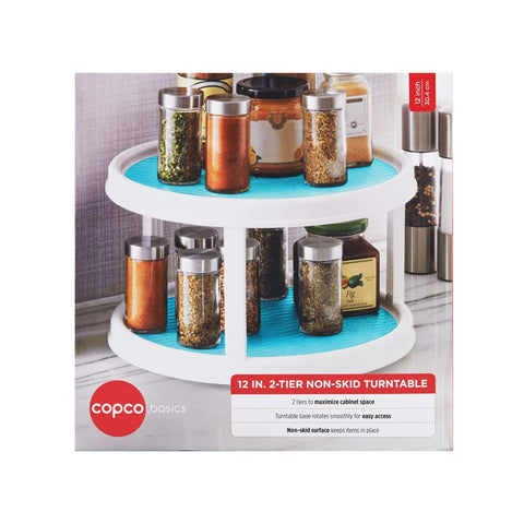 Non-Skid 2-Tier Turntable 12-Inch Lazy Susan Organizer with spices, smooth-glide rotation, nonskid liner, raised rim for easy access.