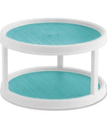 Non-Skid 2-Tier Turntable 12-Inch Lazy Susan Organizer with turquoise nonskid liner and raised rim for kitchen pantry use