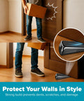 Image of Heavy Duty Door Stopper Wedge Set Chrome Metal Non Slip Rubber Door Stops for Heavy Doors with 2 Wall Protectors installed on wood floor.