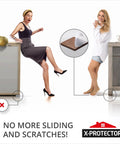Non Slip Furniture Pads For Hard Floors 16 Premium Self Adhesive Rubber Grippers Two Inch Furniture Feet Floor Protectors That Prevent Slipping And Scratches Keep Sofas Chairs And Desks In Place shown preventing sliding on hard floors, with close-up of pad design.