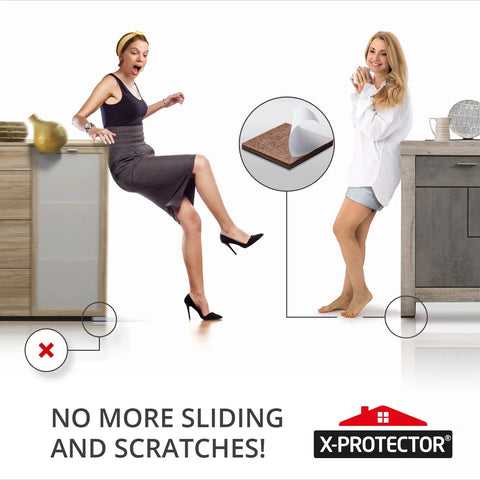 Non Slip Furniture Pads For Hard Floors 16 Premium Self Adhesive Rubber Grippers Two Inch Furniture Feet Floor Protectors That Prevent Slipping And Scratches Keep Sofas Chairs And Desks In Place shown preventing sliding on hard floors, with close-up of pad design.
