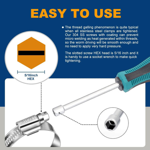 Non Slip Hose Clamp Assortment Twenty Pcs Five Sixteenth To One And One Quarter Inch Heavy Duty Worm Gear Clamps Stainless Steel 304 With Soft Hose Protection Design And SAE Sizes Pack with hex tool and screw detail.