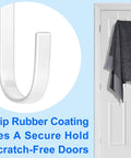 White over-door hook with non-slip rubber coating holding a gray towel on a white door, emphasizing secure hold.