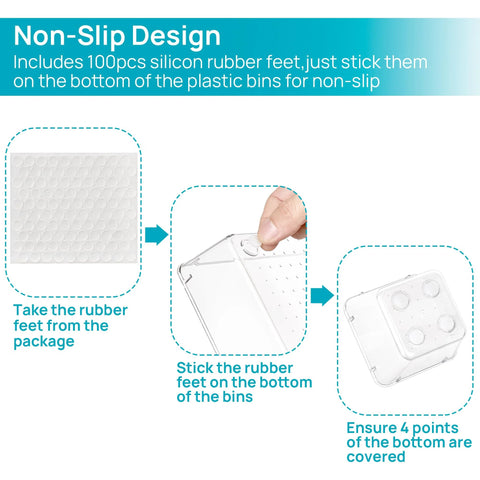 Instructions on adding non-slip pads to Clear Plastic Drawer Organizer Set 25 Pieces for Makeup Vanity Bathroom Kitchen Office
