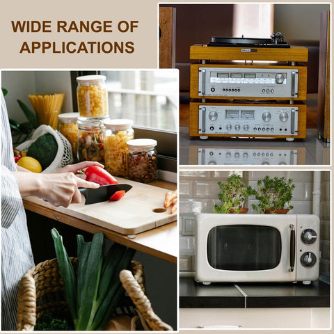 Image showing kitchen counter with cutting board, jars, microwave, and stereo system illustrating use of 20 Pack No Slip Rubber Feet Bumpers For Cutting Boards And Furniture Round Silicone Bottom Caps With Stainless Screws Clear Anti Slip Pads For Kitchen Appliances 0.98 Inch Diameter 0.51 Inch High M5 Thread.