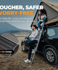 Man standing on non-slip design step ladder next to car with rooftop tent in outdoor setting