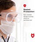 Non-Vented Safety Lab Goggles With Anti-Fog Coating ANSI Z87.1 UV Protection OTG worn by person in medical setting