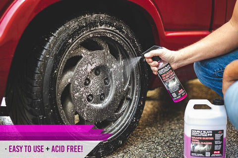 Person using Brake Buster Wheel Cleaner With Non Acid Formula For Safe Use On All Wheels Removes Brake Dust Dirt And Corrosion