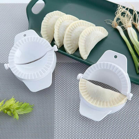 No Fuss Dumpling Maker Press Kit 3Pcs Small Nonstick Plastic Dumpling Mold For Pierogi on kitchen counter with filled dumplings