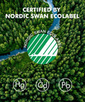 Nordic Swan Ecolabel certification over lush forest, highlighting eco-friendly Ultra AAA Alkaline Batteries 24 Pack With Long Lasting Power 10 Year Shelf Life.