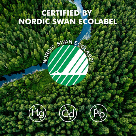 Nordic Swan Ecolabel certification over lush forest, highlighting eco-friendly Ultra AAA Alkaline Batteries 24 Pack With Long Lasting Power 10 Year Shelf Life.