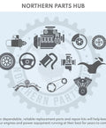 Northern Parts Hub graphic with engine, gear, and chain icons promoting reliable replacement parts and repair kits for engines.