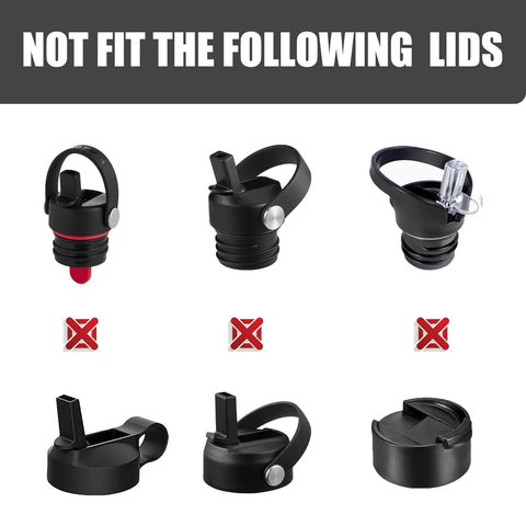 Image showing incompatible lids for Six Pack Rubber Seals For Hydro Flask Wide Mouth Flex Caps And Flex Straw Cap O Rings Replacement.