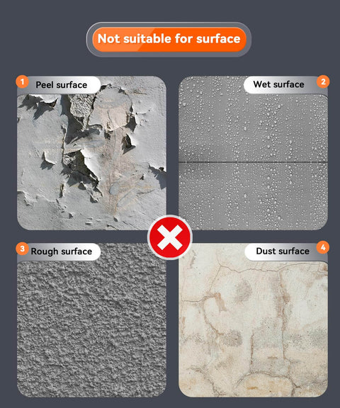 Image showing four types of surfaces: peeling, wet, rough, and dusty, labeled as not suitable for Heavy Duty Double Sided Tape Nano Tape.
