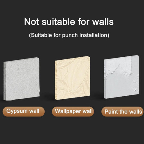 Comparison of wall types unsuitable for Silver 40CM+8Hook Modern Kitchen Utensil Hanger installation: gypsum, wallpaper, paint walls.