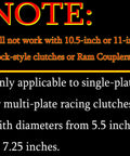 Text note specifying compatibility for hydraulic throwout bearing replacement for 91605135 Chevy GM racing transmissions with low pedal effort for 5.5 to 7.25 inch racing clutches, not compatible with 10.5-inch or 11-inch clutches.