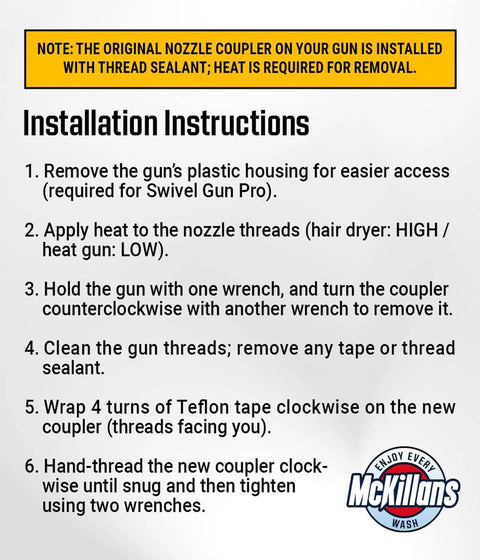 Installation instructions for replacing pressure washer gun nozzle coupler; includes tips for removing thread sealant.
