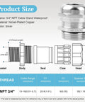 Set Of Four NPT 3/4 Inch Nickel Plated Copper Waterproof Cable Glands With IP68 Sealing, Adjustable 13-18mm, technical diagram