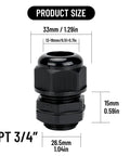 NPT 3/4 Inch Waterproof Cable Gland Kit For Harsh Environments, showcasing black plastic connector dimensions and rugged design.