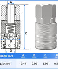 Diagram and photo of 1/4-Inch NPT Female Quick Connect Air Coupler for Industrial Use, 4-Ball Design, Hardened Steel With Nickel Plating