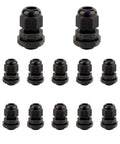 Ten Pack One Quarter Inch NPT Black Cable Glands IP68 Waterproof Nylon Strain Relief Cord Grips Adjustable Three To Six Point Five Millimeter Wire Connectors