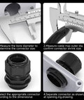 Diagrams of Adjustable NPT Cable Gland 1/4 to 1 Inch Range IP68 Waterproof Strain Relief Cord Connector installation process