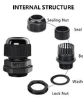 12 Pack Half Inch NPT Cable Glands Nylon PA66 IP68 Waterproof Adjustable Strain Relief Cord Grips Junction Box Wire Gland Connectors With Gaskets And Locknuts Black internal structure illustration
