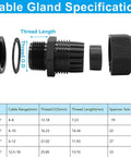 Three Quarter Inch NPT Cable Gland Kit Waterproof Black Nylon Adjustable Strain Relief Cord Grips exploded view with specifications chart
