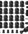 Half Inch NPT Cable Gland Set IP68 Waterproof Adjustable Strain Relief Cord Connector Fits 6 To 12mm Diameters, Includes 20 Cord Grips And 10 Top Hat Rubber Grommets With Gaskets, Durable PA66 Nylon, Easy Installation
