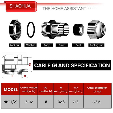 Half Inch NPT Cable Gland Set IP68 Waterproof Adjustable Strain Relief Cord Connector diagram and specifications, PA66 nylon.