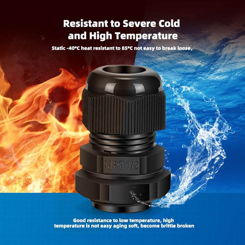 Close-up of 12 Pack 1/2 Inch NPT Cable Glands Waterproof Beefy Adjustable Strain Relief Connectors Nylon PA66 With Gaskets