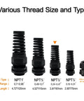 Various sizes of NPT cable glands including Two Pack NPT One Half Inch IP68 Waterproof Cable Gland With Spiral Strain Relief For 6-12mm Wires