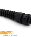 Two Pack NPT Three Quarter Inch Cable Glands Waterproof IP68 Nylon Joint With Flex Spiral Strain Relief For Thirteen To Eighteen Millimeter Wires Fits Half To Seven Tenths Inch Cable Range PA66, side view showing cable range details.