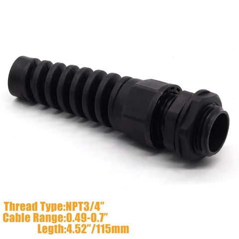 Two Pack NPT Three Quarter Inch Cable Glands Waterproof IP68 Nylon Joint With Flex Spiral Strain Relief For Thirteen To Eighteen Millimeter Wires Fits Half To Seven Tenths Inch Cable Range PA66, side view showing cable range details.