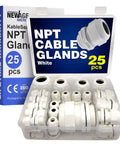 NPT Cable Glands Kit KableLock 25 Piece Set White PA66 Nylon Cord Grip Strain Relief Adjustable Locknut visible in a box