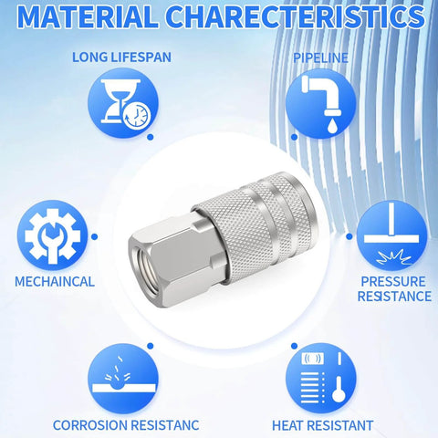 1/4-Inch NPT Female Quick Connect Air Coupler for Industrial Use, 4-ball design, hardened steel with nickel plating displayed.