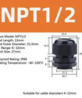 10 Pack 1/2 Inch NPT Cable Gland Waterproof IP68 Nylon Pass Through Cord Grip Connector With Strain Relief Grommets For Electrical Enclosures, Junction Boxes, LED Lighting And All Weather Ready Outdoor Wiring Projects, black nylon, dimensions shown