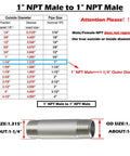 Stainless Steel Pipe Fittings 1 Inch NPT X 1 Inch NPT Male Thread 2 Inch Length Nipple Cast Pipe 304 Stainless Steel Corrosion Resistant High Temperature -65 to 250 F For Pipe Thread Connections shown with size chart.