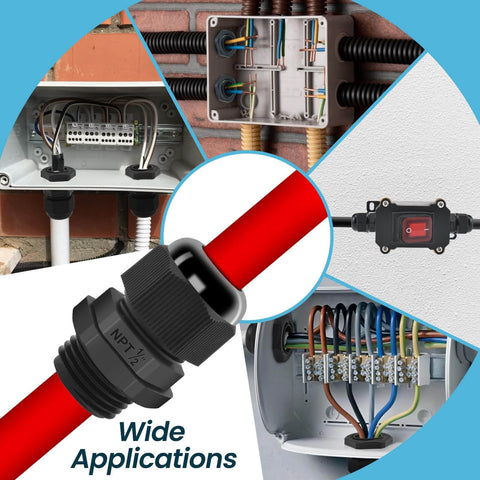 Ten Pack One Half Inch NPT Strain Relief Nylon Cord Grip With IP68 Waterproof Adjustable Cable Glands in use, securing cables in enclosures.