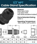 Diagram of Ten Pack One Half Inch NPT Strain Relief Nylon Cord Grip With IP68 Waterproof Adjustable Cable Glands In Black Nylon Locknut Joints For Six To Twelve Millimeter Cable Diameter with specifications.
