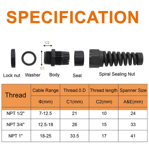 Diagram of 4 Pack NPT One Half Inch IP68 Waterproof Cable Glands For Seven To Twelve Millimeter Cables with specifications table
