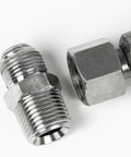 Half Inch By Thirty Six Inch Stainless Steel Flexible Compressed Air Hose With NPT Adapters featuring metal connector fittings close-up
