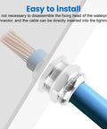 Built Tough 1 Inch NPT Stainless Steel Waterproof Cable Gland with IP68 Rating, shown with blue cable inserted